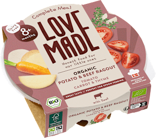 Menü mit Kartoffeln, Karotten, Rindfleisch, Thymian, ab 8 Monaten LoveMade Organics