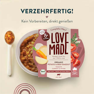 Menü mit Kartoffeln, Karotten, Rindfleisch, Thymian, ab 8 Monaten LoveMade Organics