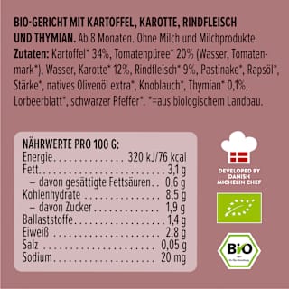 Menü mit Kartoffeln, Karotten, Rindfleisch, Thymian, ab 8 Monaten LoveMade Organics