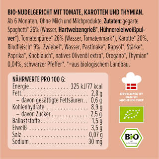 Menü Pasta Bolognese mit Tomaten, Karotten, Thymian, ab 6 Monaten LoveMade Organics