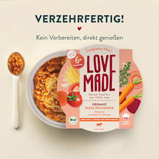 Menü Pasta Bolognese mit Tomaten, Karotten, Thymian, ab 6 Monaten LoveMade Organics