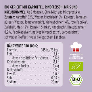 Menü Tex Mex mit Kartoffeln, Rindfleisch, Mais, Kreuzkümmel, ab 8 Monaten LoveMade Organics