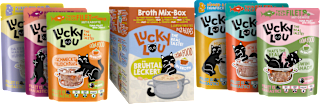 Nassfutter Katze Thunfisch & Huhn in Brühe, Broth Mix Box, Multipack (12x70 g) Lucky Lou