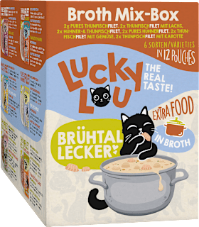 Nassfutter Katze Thunfisch & Huhn in Brühe, Broth Mix Box, Multipack (12x70 g) Lucky Lou