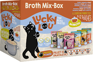 Nassfutter Katze Thunfisch & Huhn in Brühe, Broth Mix Box, Multipack (12x70 g) Lucky Lou