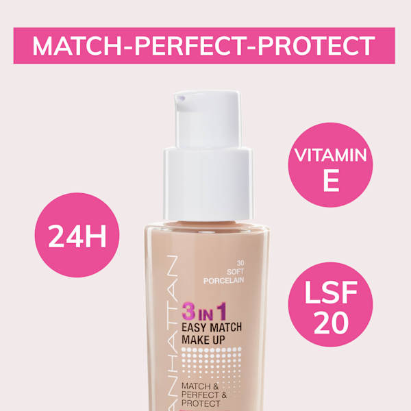 Foundation 3in1 Easy Match Soft Porcelain 30, LSF 20 MANHATTAN Cosmetics