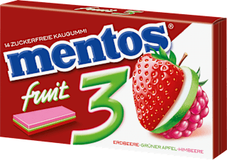 Kaugummi, Erdbeere, Grüner Apfel & Himbeere, zuckerfrei (14 Stück) mentos