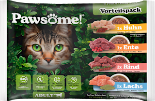 Nassfutter Katze mit Huhn, Ente, Rind & Lachs in Soße, Multipack (4x85 g) Pawsome