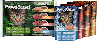 Nassfutter Katze mit Huhn, Ente, Rind & Lachs in Soße, Multipack (4x85 g) Pawsome