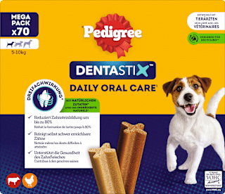 Kausnack Hund Zahnpflege DentaStix für kleine Hunde, Multipack (10x7 Stück) Pedigree