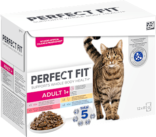Nassfutter Katze mit Fisch, Huhn & Rind, Vitalität & Fitness, Multipack (12x85 g) PERFECT FIT