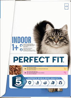 Nassfutter Katze mit Huhn & Lachs, Indoor Multipack (12x85 g) PERFECT FIT