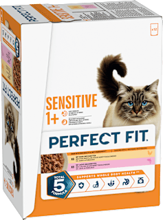 Nassfutter Katze mit Huhn & Lachs, sensitiv Multipack (12x85 g) PERFECT FIT