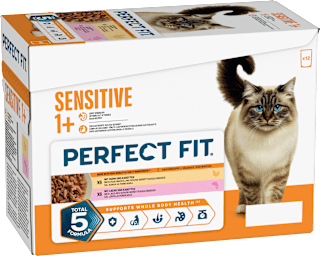 Nassfutter Katze mit Huhn & Lachs, sensitiv Multipack (12x85 g) PERFECT FIT