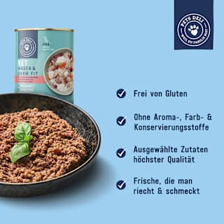 Nassfutter Hund mit Huhn, Hüttenkäse & Reis, VET Magen & Darm fit Pets Deli