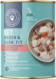 Nassfutter Hund mit Huhn, Hüttenkäse & Reis, VET Magen & Darm fit Pets Deli
