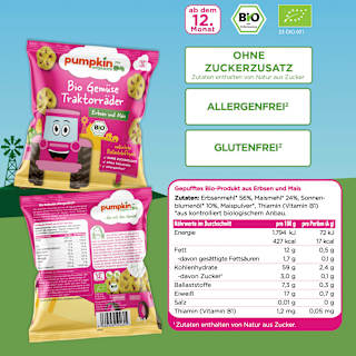 Kindersnack Gemüse Traktorräder Erbsen & Mais, ab 12. Monaten pumpkin organics