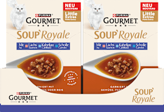 Nassfutter Katze mit Lachs & Kabeljau oder Scholle, Soup Royale, Multipack (6x45 g) Purina Gourmet