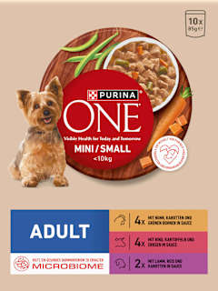 Nassfutter Hund mit Huhn, Rind, Truthahn & Lamm, Mini für kleine Rassen, Multipack (10x85 g) PURINA ONE