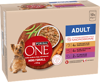 Nassfutter Hund mit Huhn, Rind, Truthahn & Lamm, Mini für kleine Rassen, Multipack (10x85 g) PURINA ONE