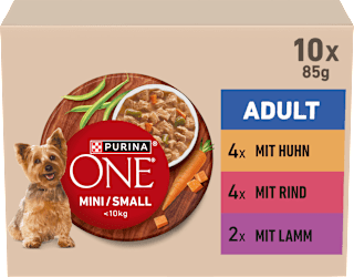 Nassfutter Hund mit Huhn, Rind, Truthahn & Lamm, Mini für kleine Rassen, Multipack (10x85 g) PURINA ONE