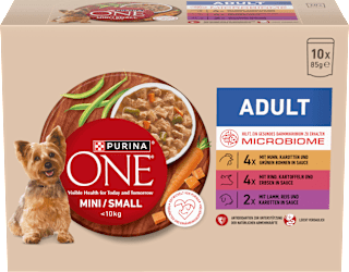 Nassfutter Hund mit Huhn, Rind, Truthahn & Lamm, Mini für kleine Rassen, Multipack (10x85 g) PURINA ONE
