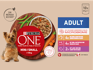 Nassfutter Hund mit Huhn, Rind, Truthahn & Lamm, Mini für kleine Rassen, Multipack (10x85 g) PURINA ONE