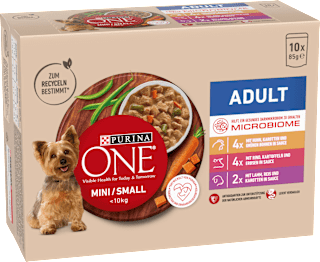 Nassfutter Hund mit Huhn, Rind, Truthahn & Lamm, Mini für kleine Rassen, Multipack (10x85 g) PURINA ONE