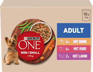 Nassfutter Hund mit Huhn, Rind, Truthahn & Lamm, Mini für kleine Rassen, Multipack (10x85 g) PURINA ONE