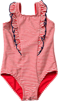 Badeanzug mit Ringel-Muster & Rüschen, rot & weiß, Gr. 122/128 PUSBLU