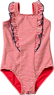 Badeanzug mit Ringel-Muster & Rüschen, rot & weiß, Gr. 122/128 PUSBLU