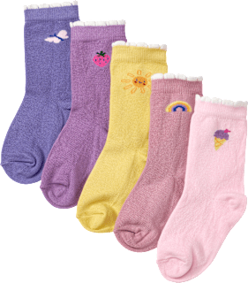 Socken mit Motiven, rosa + lila + gelb, Gr. 23/26 PUSBLU
