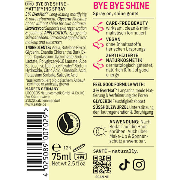 Gesichtsspray Mattifying Bye Bye Shine Santé naturally.