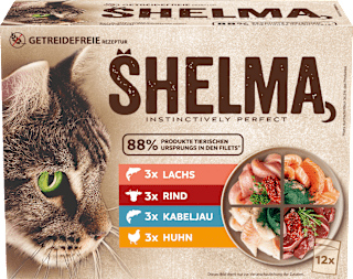 Nassfutter Katze mit Lachs, Rind, Kabeljau & Huhn, Multipack (12x85 g) Shelma