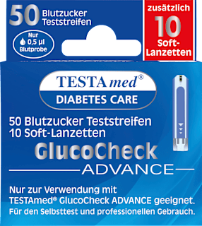 Glucocheck ADVANCE Kombipackung 50 Blutzucker-Teststreifen + 10 Lanzetten Testa med