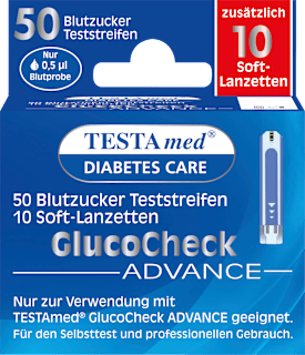 Glucocheck ADVANCE Kombipackung 50 Blutzucker-Teststreifen + 10 Lanzetten Testa med