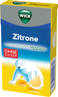 Bonbon, Zitrone mit Menthol, zuckerfrei, in der Taschenbox WICK