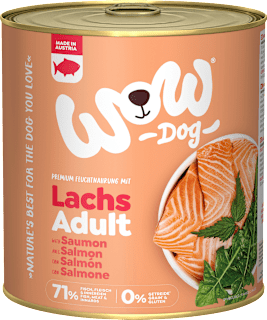 Nassfutter Hund mit Lachs, Löwenzahn & Brennnessel, Adult WOW