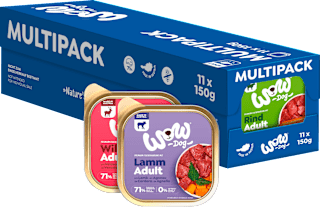 Nassfutter Hund mit Rind, Lamm, Wild, Pute, Lachs, Multipack (11x150 g) WOW
