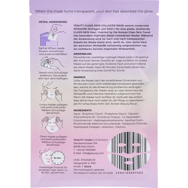 Gesichtsmaske Glass-Skin Hydrogel Kollagen & NAD+  Yeauty